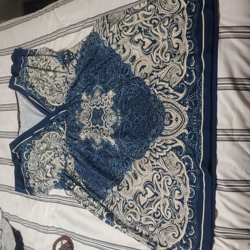 Blue and cream dress with pockets and belt